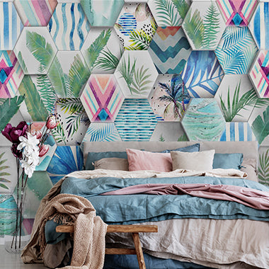 Tropical Watercolor Hexagon Tiles Wallpaper