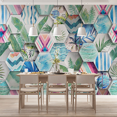 Custom Tropical Watercolor Hexagon Tiles Wallpaper