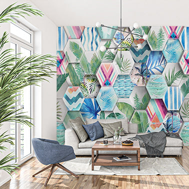 Tropical Watercolor Hexagon Tiles Wallpaper