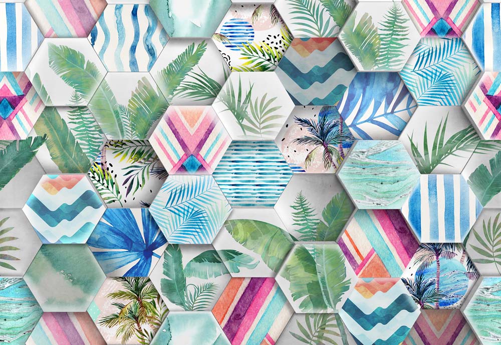 Tropical Watercolor Hexagon Tiles Wallpaper