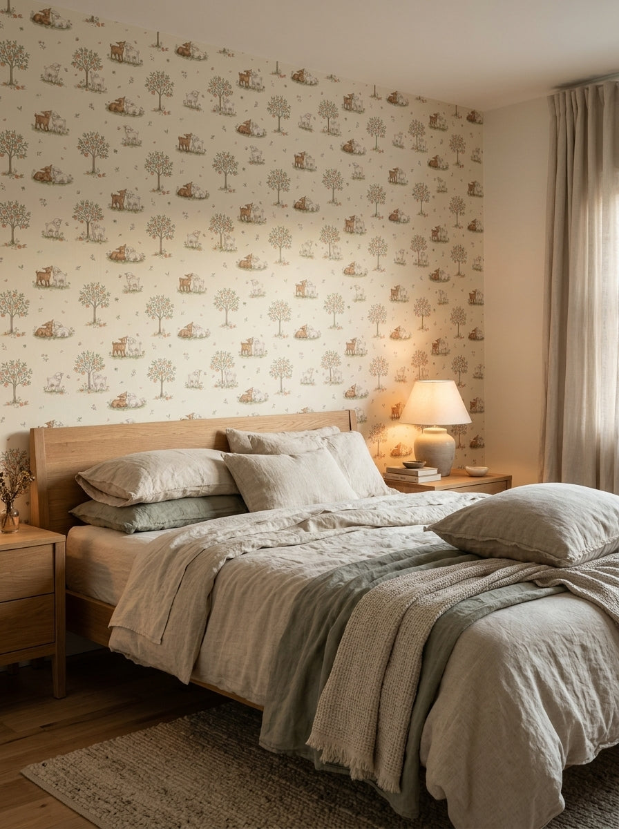 Lambs and apple trees wallpaper in a bedroom.