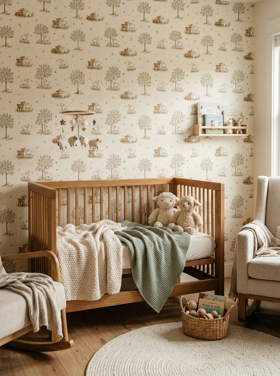Lambs and apple trees wallpaper in a nursery.