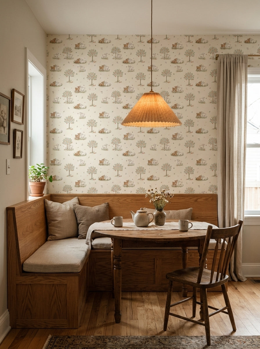 Lambs and apple trees wallpaper in a breakfast nook.