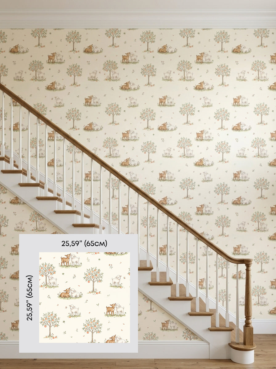 Lambs and apple trees wallpaper on a staircase wall, shown with a 65 cm (25.6 in) pattern sample.