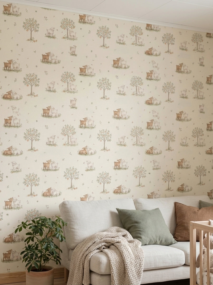 Lambs and apple trees wallpaper in a living room.
