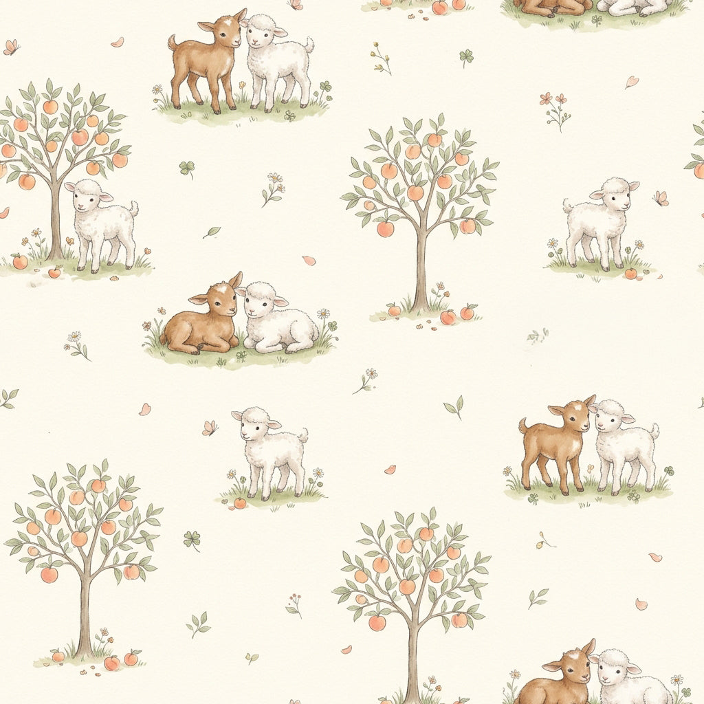 Lambs and Apple Trees Wallpaper – Cream Nursery Wall Mural