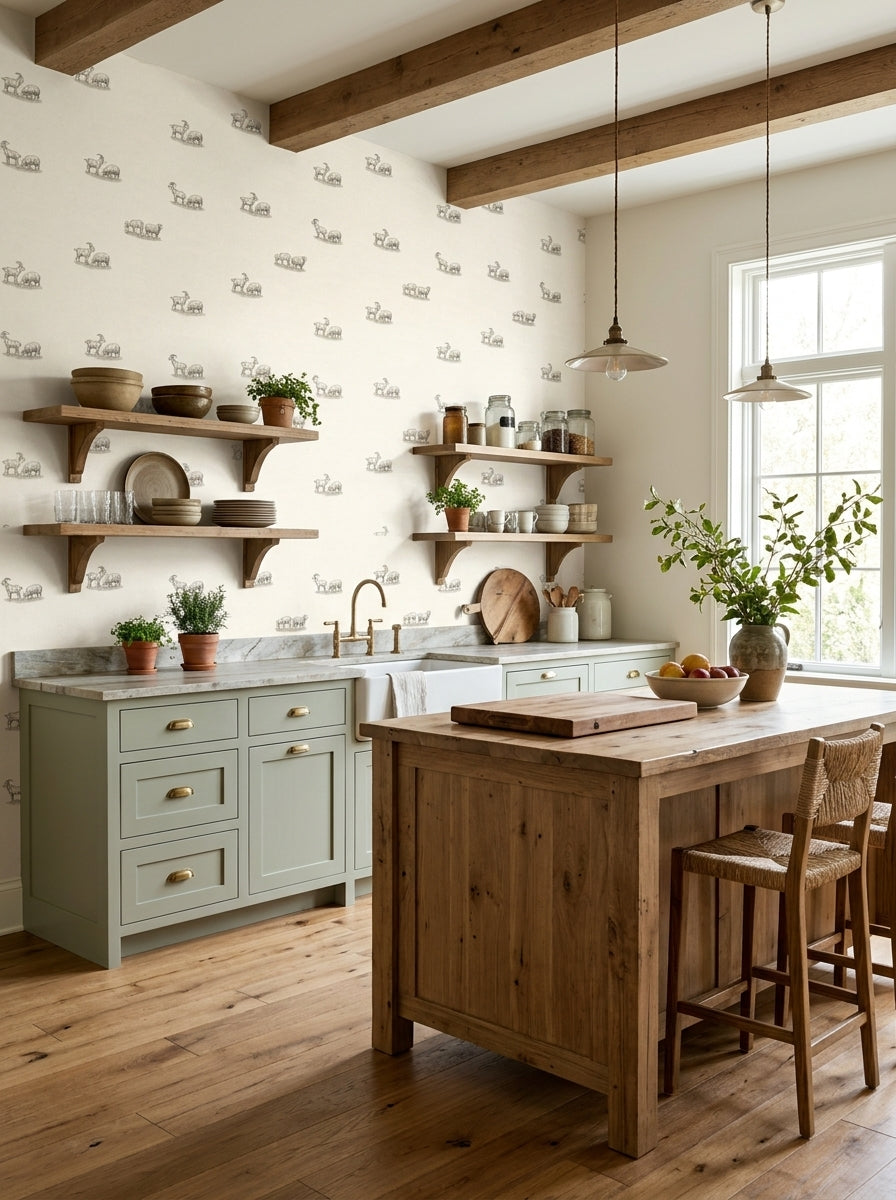 Goats and sheep wallpaper in a kitchen.