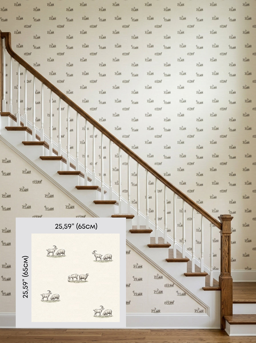 Goats and sheep wallpaper on a staircase wall, shown with a 65 cm (25.6 in) pattern sample.