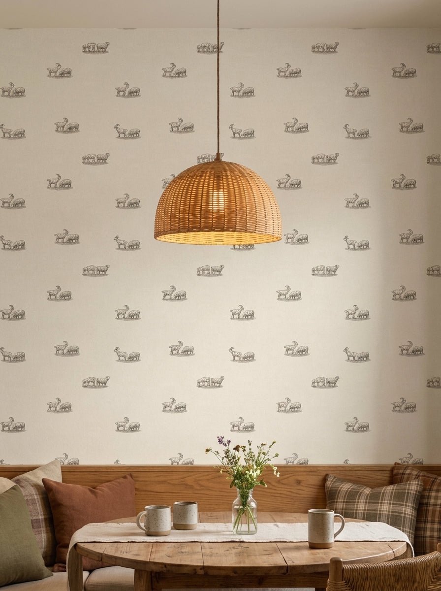 Goats and sheep wallpaper in a dining area.