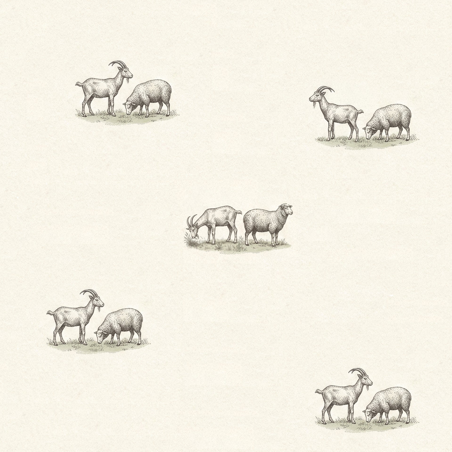 Goats and sheep wallpaper with small grey-green farm animals on grass tufts scattered on a cream background.