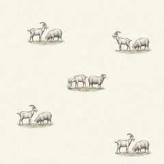 Goats and sheep wallpaper with small grey-green farm animals on grass tufts scattered on a cream background.