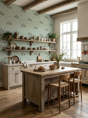 Sage green goats wallpaper in a kitchen.