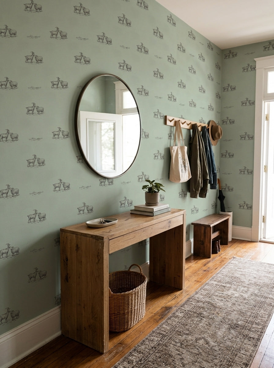 Sage green goats wallpaper in an entryway.