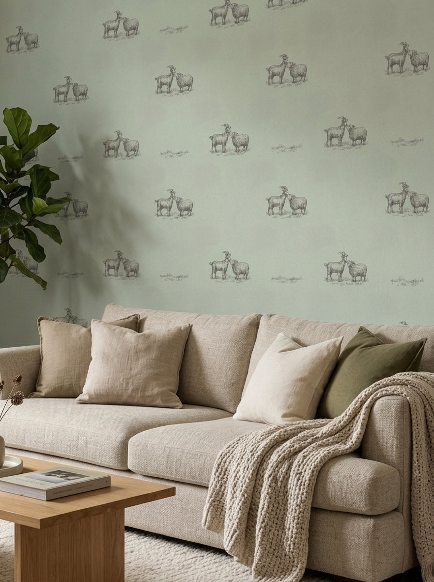Sage green goats wallpaper in a living room.
