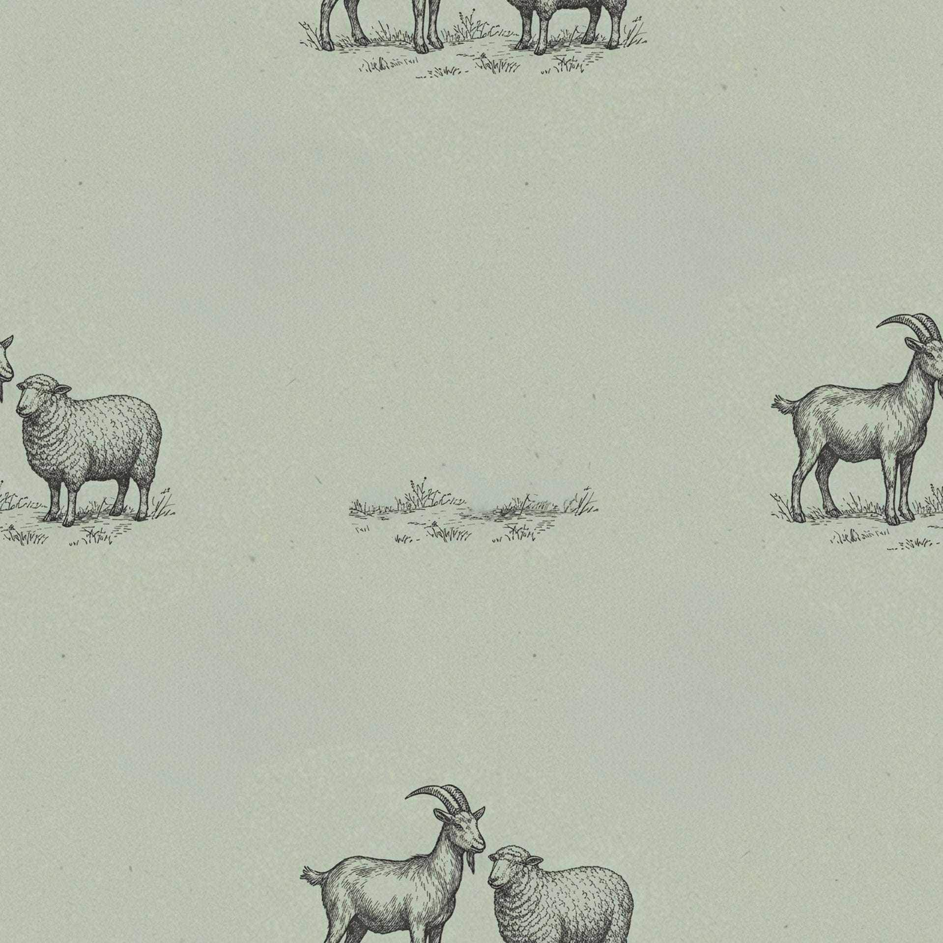 Sage green goats wallpaper with dark green line drawings of goats and sheep on a soft sage background.