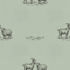 Sage green goats wallpaper with dark green line drawings of goats and sheep on a soft sage background.