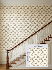 Goat toile wallpaper on a staircase wall, shown with a 65 cm (25.6 in) pattern sample.