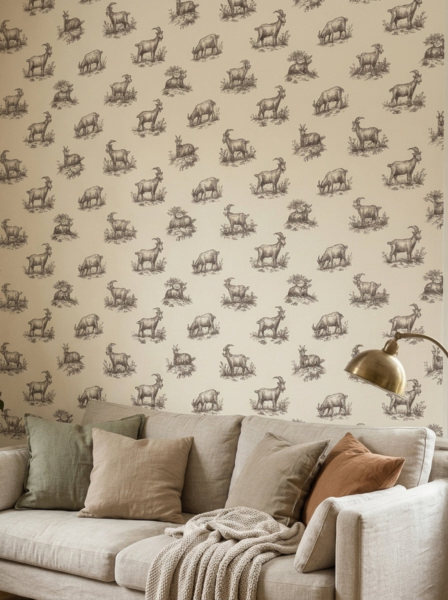 Goat toile wallpaper in a living room.