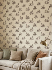 Goat toile wallpaper in a living room.