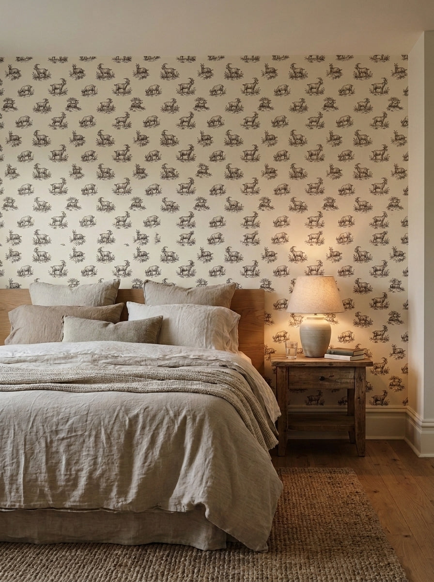 Goat toile wallpaper in a bedroom.