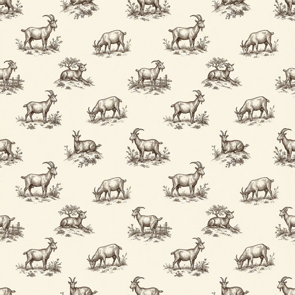 Goat toile wallpaper with charcoal etched goats and grass tufts on a cream background.