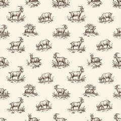 Goat toile wallpaper with charcoal etched goats and grass tufts on a cream background.