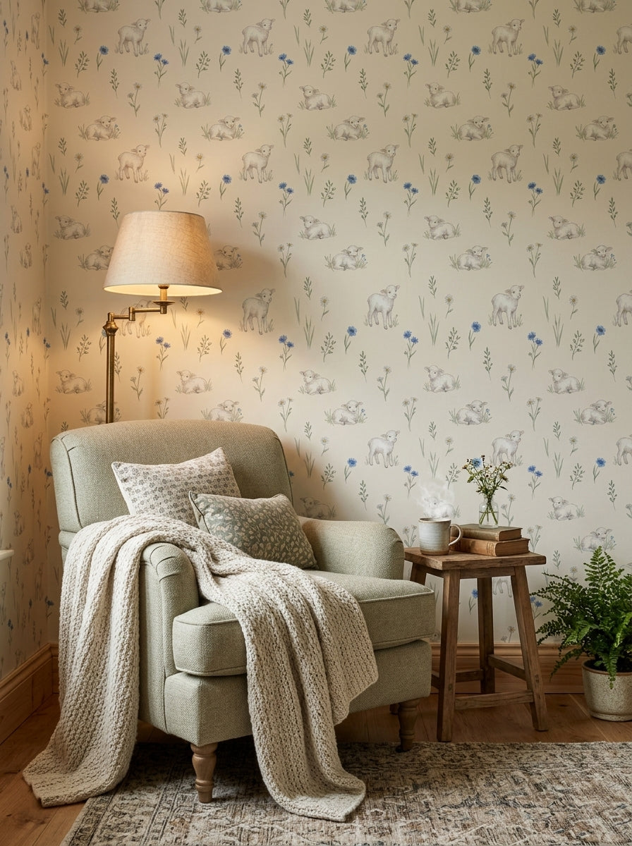 Lambs and cornflowers wallpaper in a reading corner.