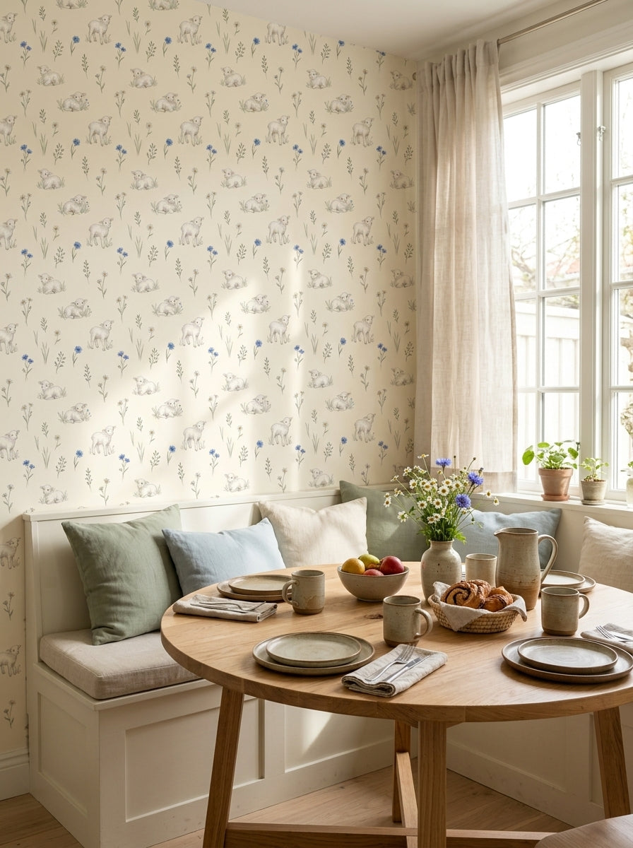 Lambs and cornflowers wallpaper in a breakfast nook.