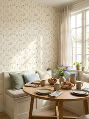 Lambs and cornflowers wallpaper in a breakfast nook.