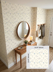 Lambs and cornflowers wallpaper in an entryway, shown with a 65 cm (25.6 in) pattern sample.