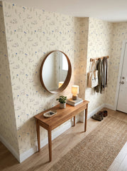 Lambs and cornflowers wallpaper in an entryway.