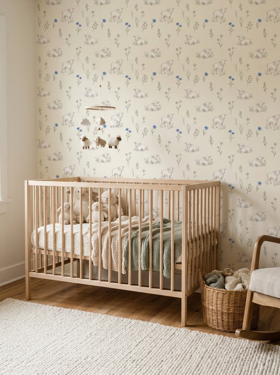 Lambs and cornflowers wallpaper in a nursery.