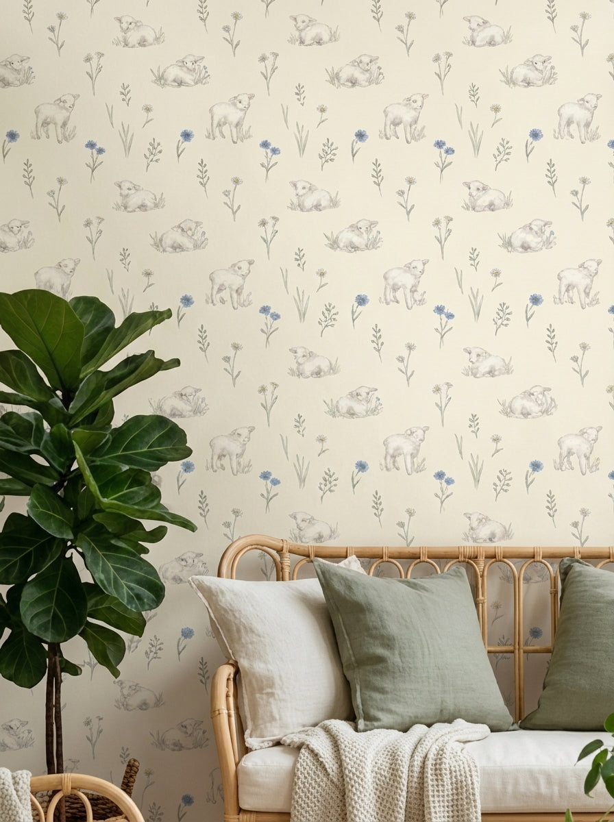 Lambs and cornflowers wallpaper in a cosy living corner.