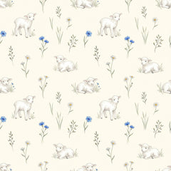 Lambs and cornflowers wallpaper with white lambs, blue cornflowers and fine grasses on a warm cream background.