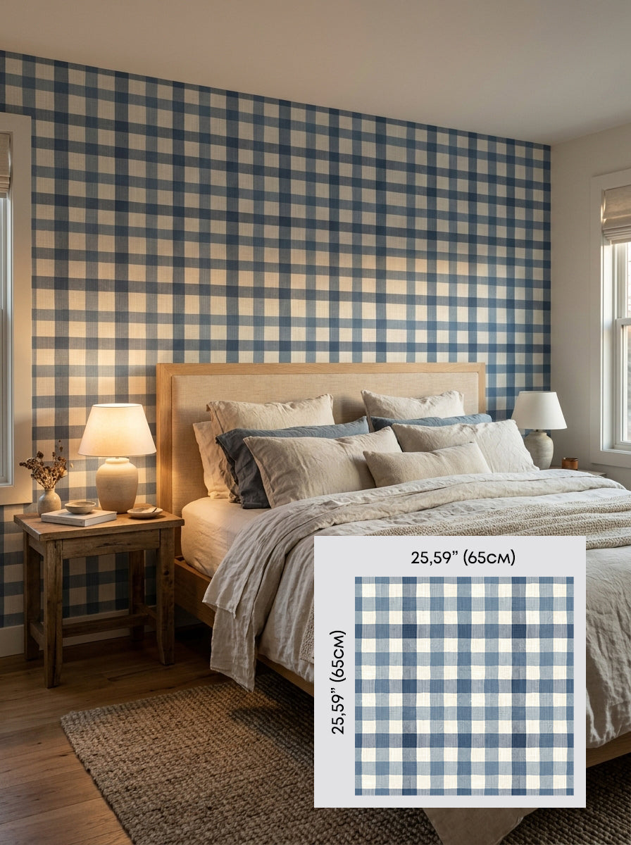 Blue gingham wallpaper in a bedroom, shown with a 65 cm (25.6 in) pattern sample.