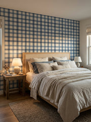 Blue gingham wallpaper in a bedroom.