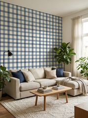 Blue gingham wallpaper in a living room.