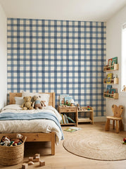 Blue gingham wallpaper in a kids’ bedroom.