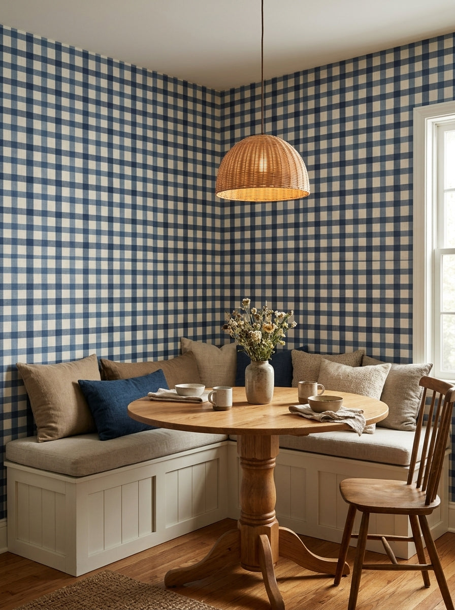 Blue gingham wallpaper in a breakfast nook.