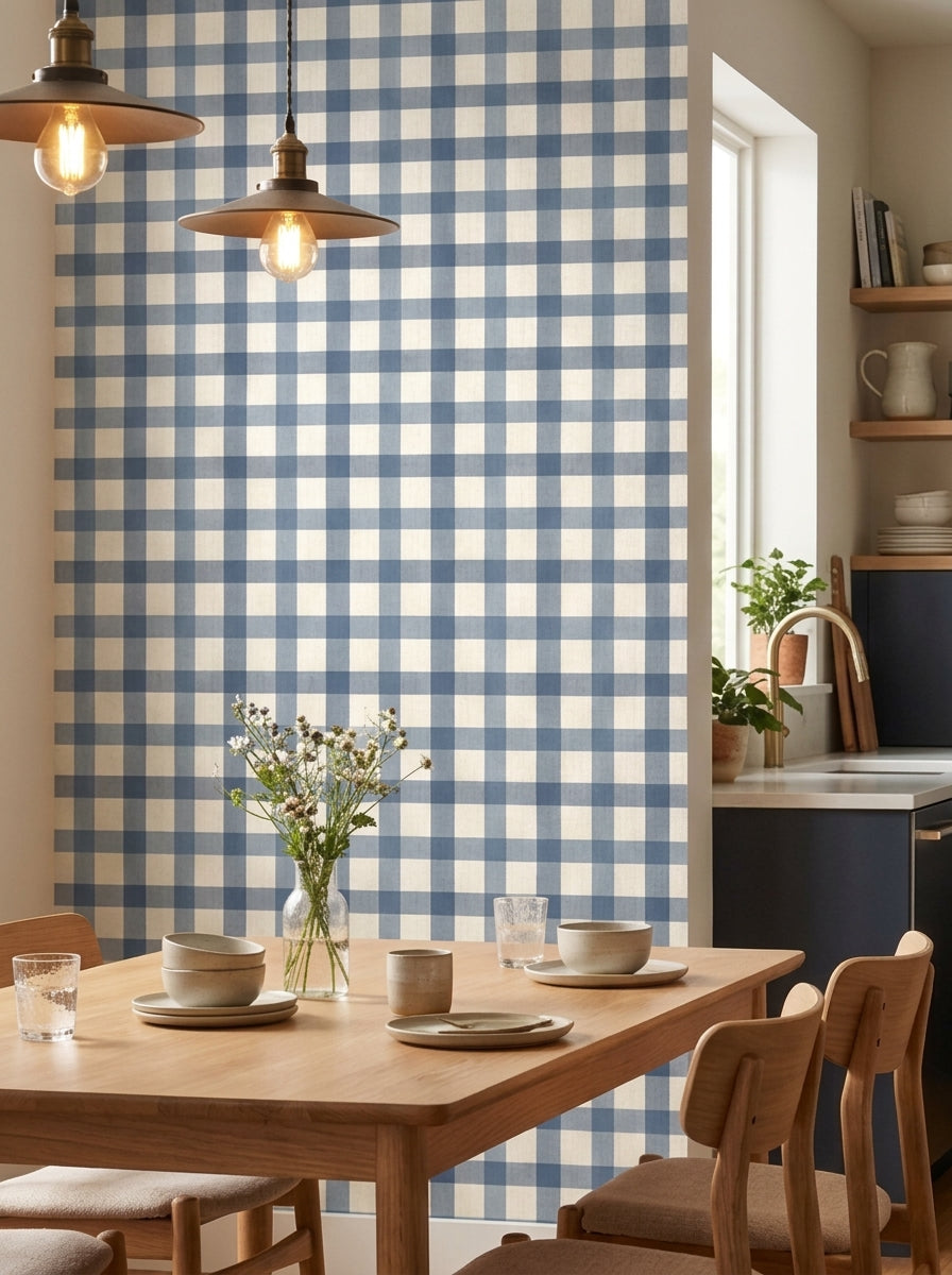 Blue gingham wallpaper in a dining area.
