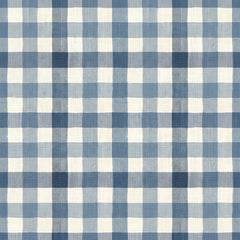 Blue gingham wallpaper with a large check in blue and cream and a soft linen texture.