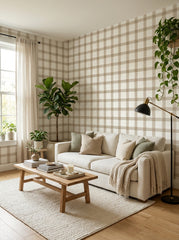Beige plaid wallpaper in a living room.