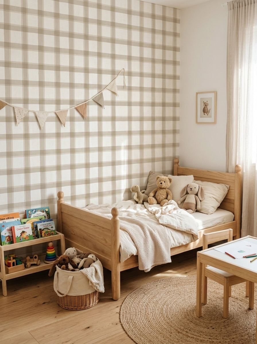 Beige plaid wallpaper in a kids’ bedroom.
