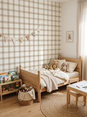 Beige plaid wallpaper in a kids’ bedroom.