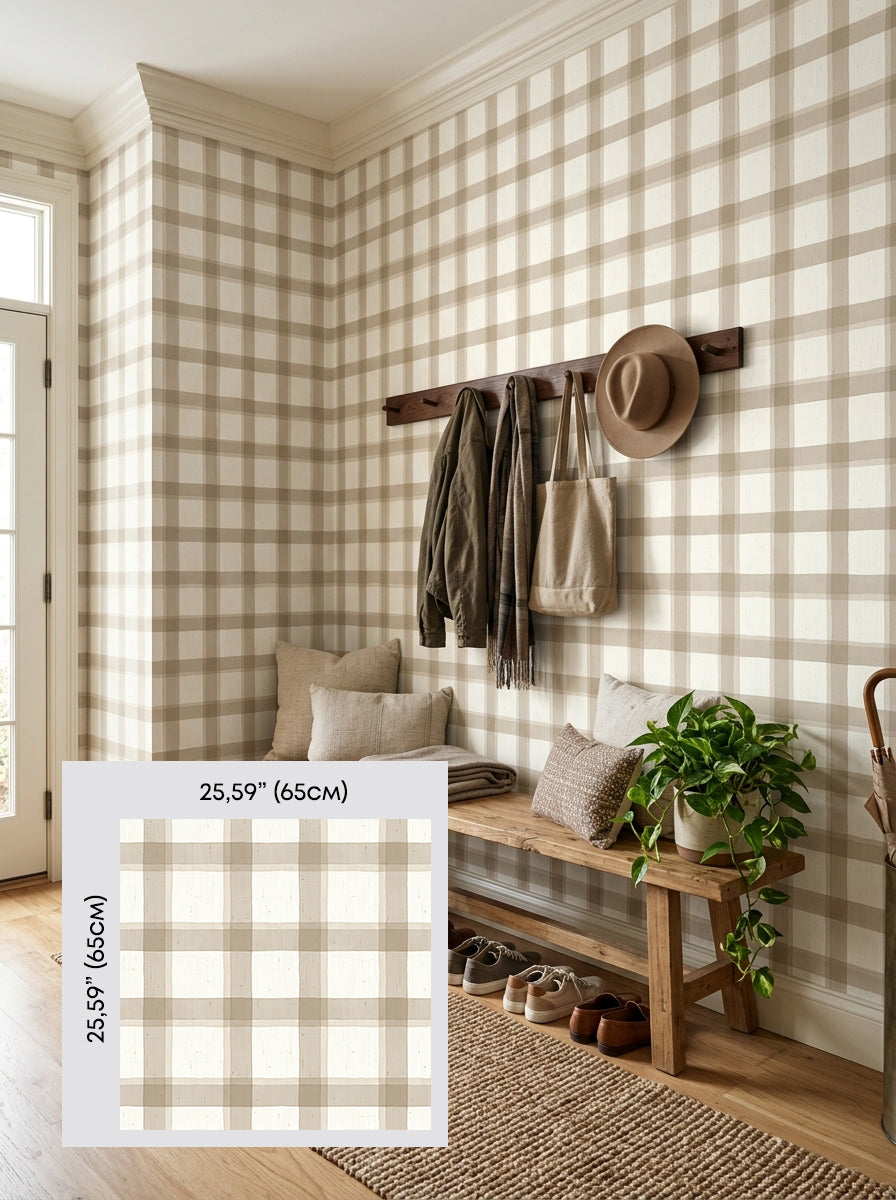 Beige plaid wallpaper in an entryway, shown with a 65 cm (25.6 in) pattern sample.