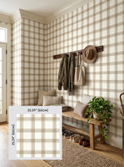 Beige plaid wallpaper in an entryway, shown with a 65 cm (25.6 in) pattern sample.