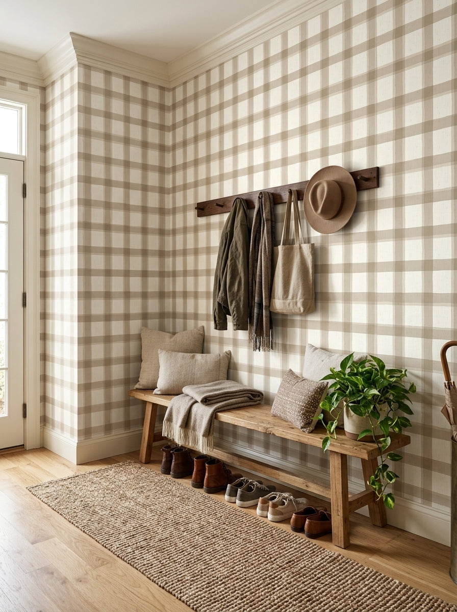 Beige plaid wallpaper in an entryway.
