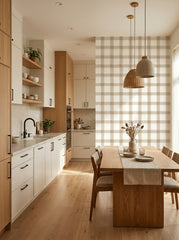 Beige plaid wallpaper in a kitchen.