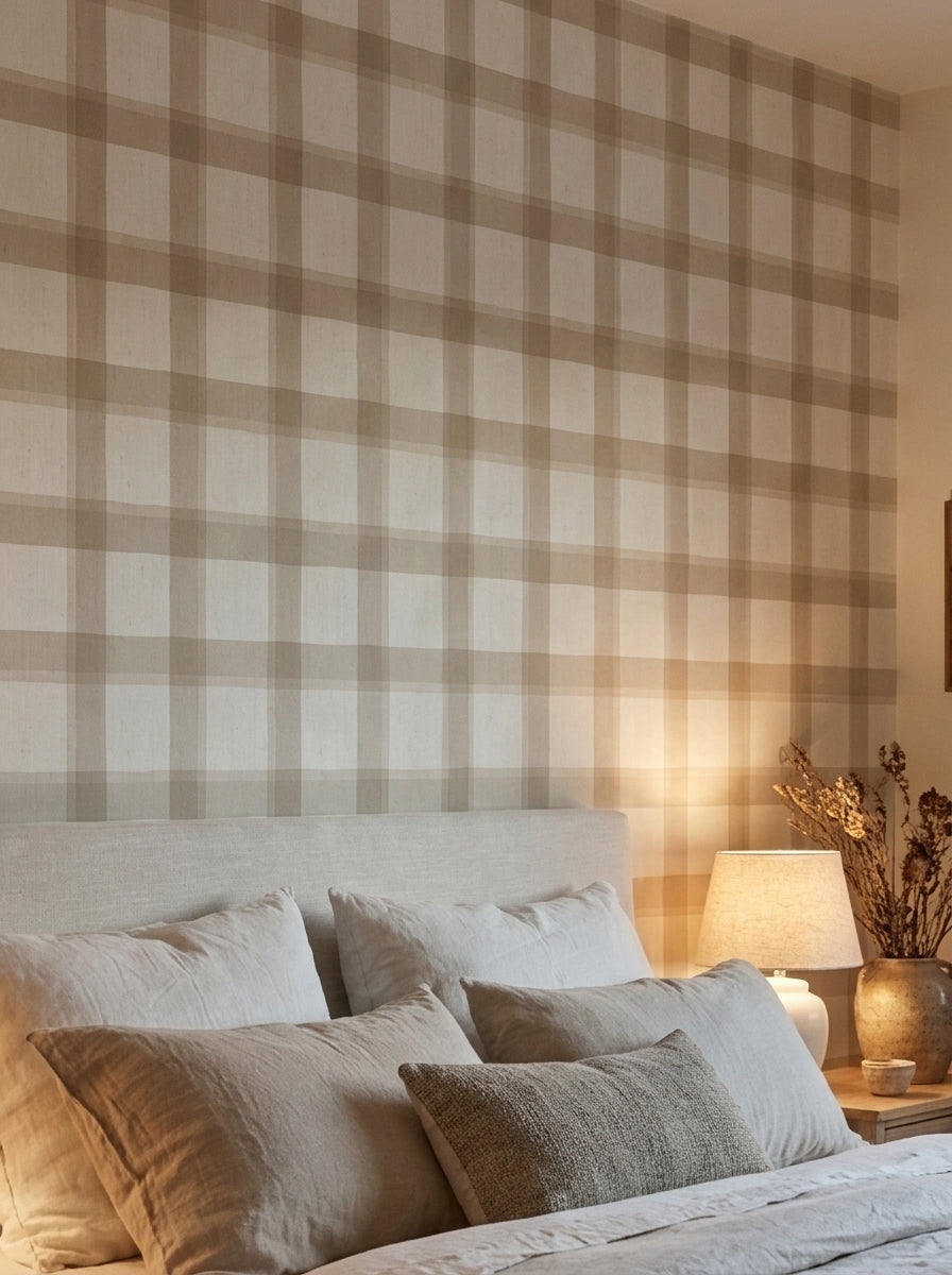 Beige plaid wallpaper in a bedroom.