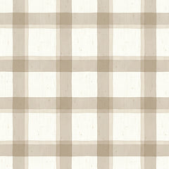 Beige plaid wallpaper with soft taupe watercolour stripes forming a large check on a cream background.